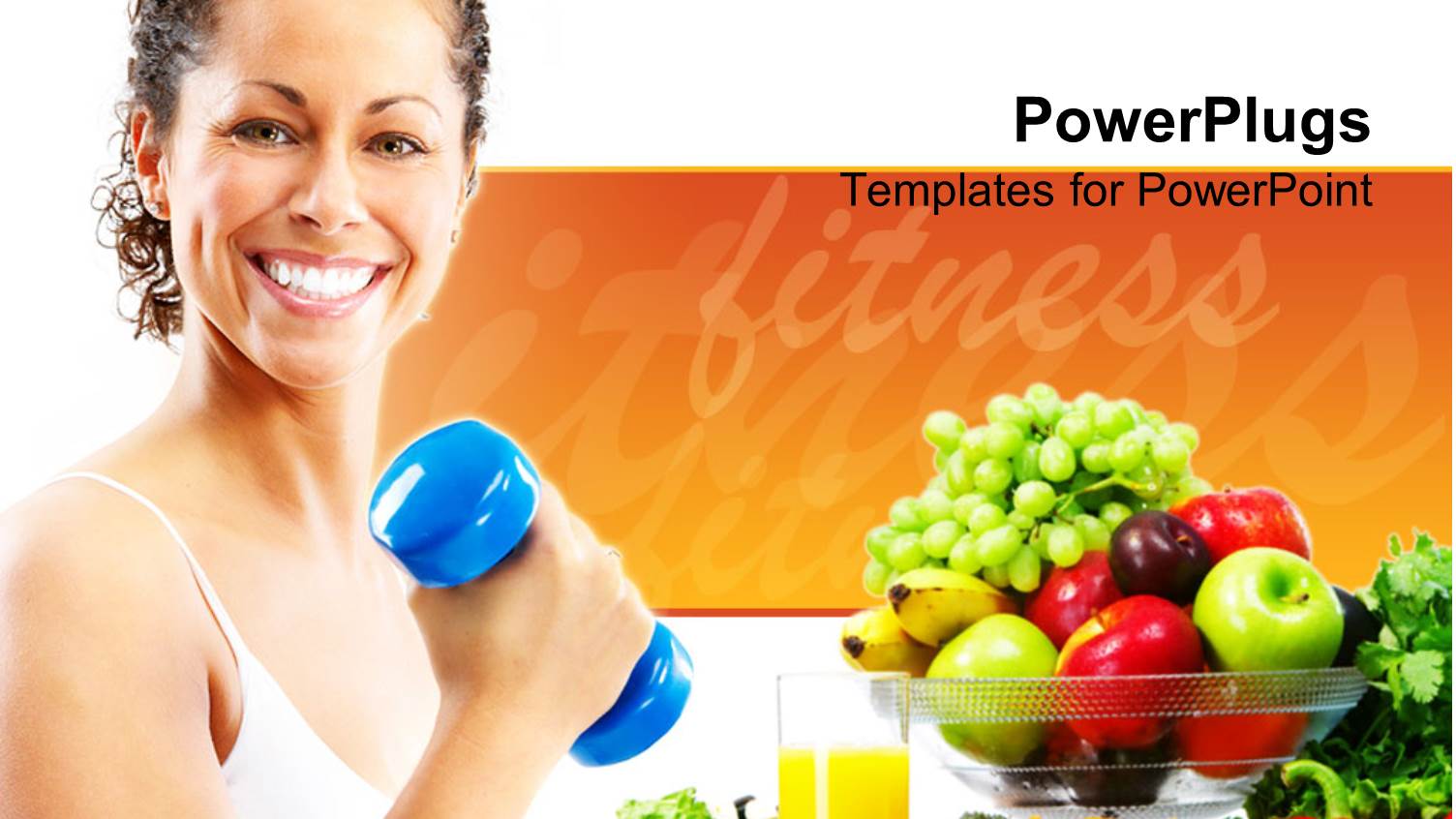 Smiling Woman Carrying Blue Dumbbell with Healthy Fruits in Glass Bowl