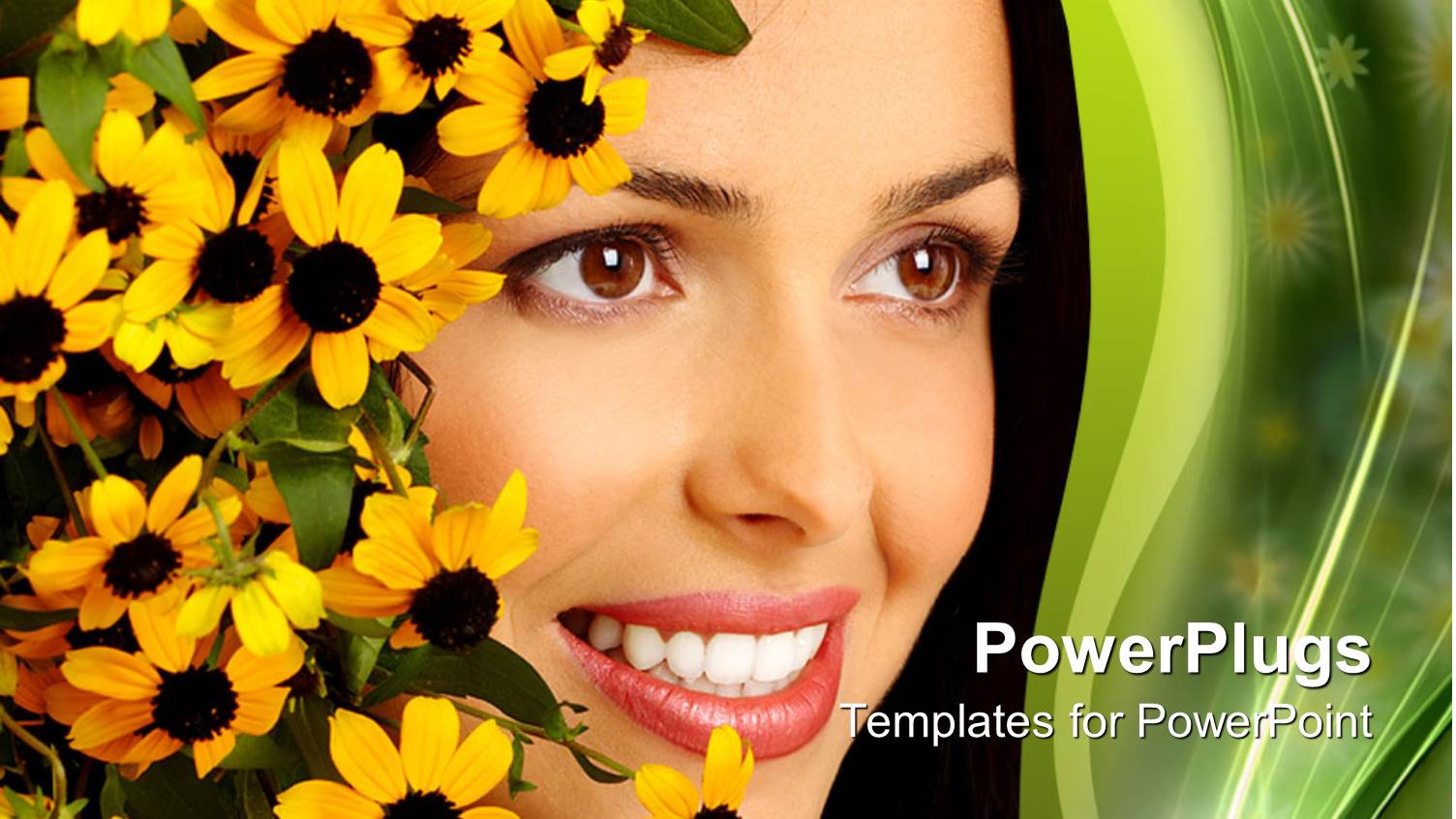 Smiling Woman Face with Yellow Flowers, White Teeth, Woman Face Close Up