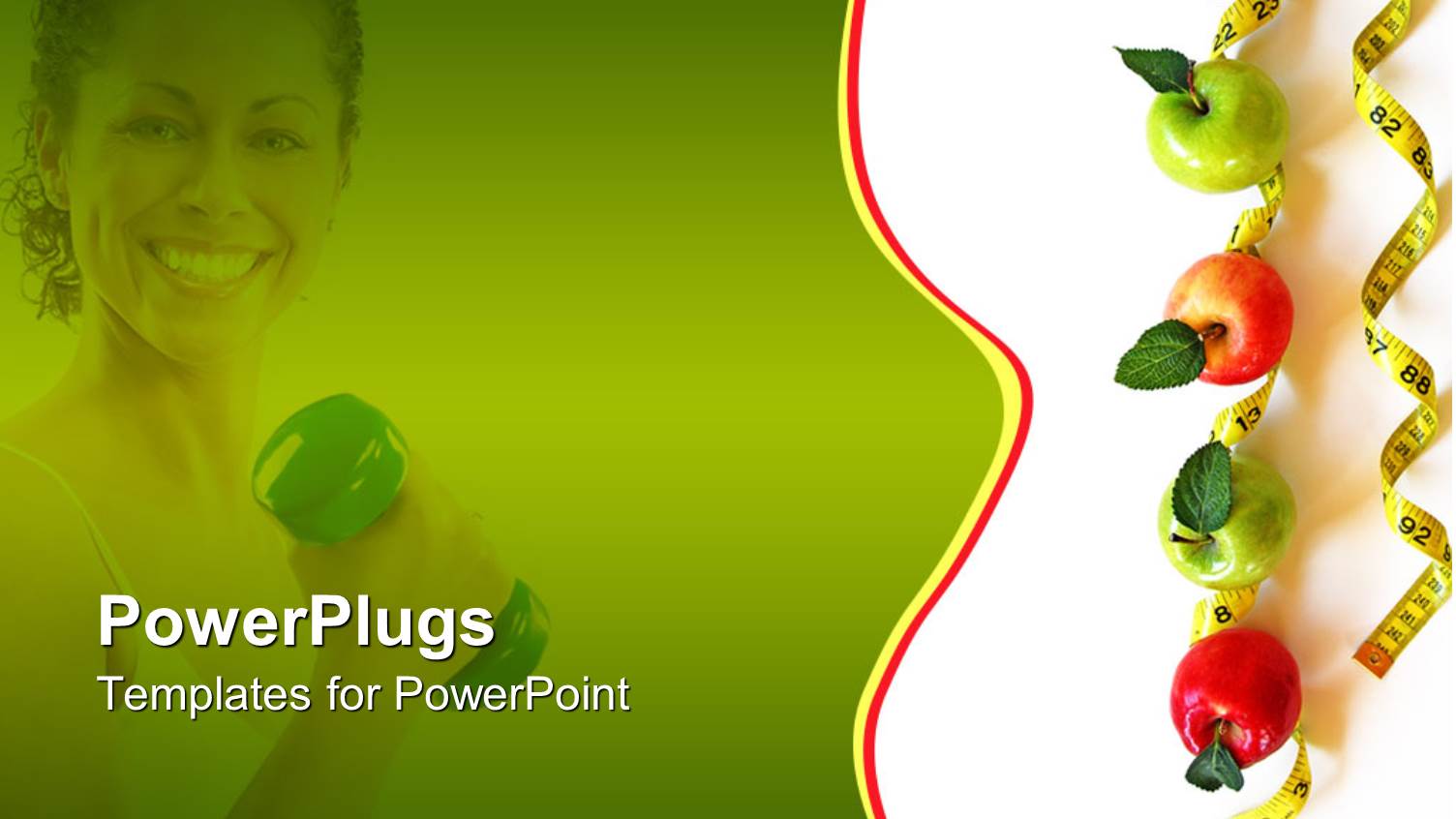 Smiling Woman with Fitness Weight in her Hand Fading in the Green Background and Green and Red Apples on Measuring Tape