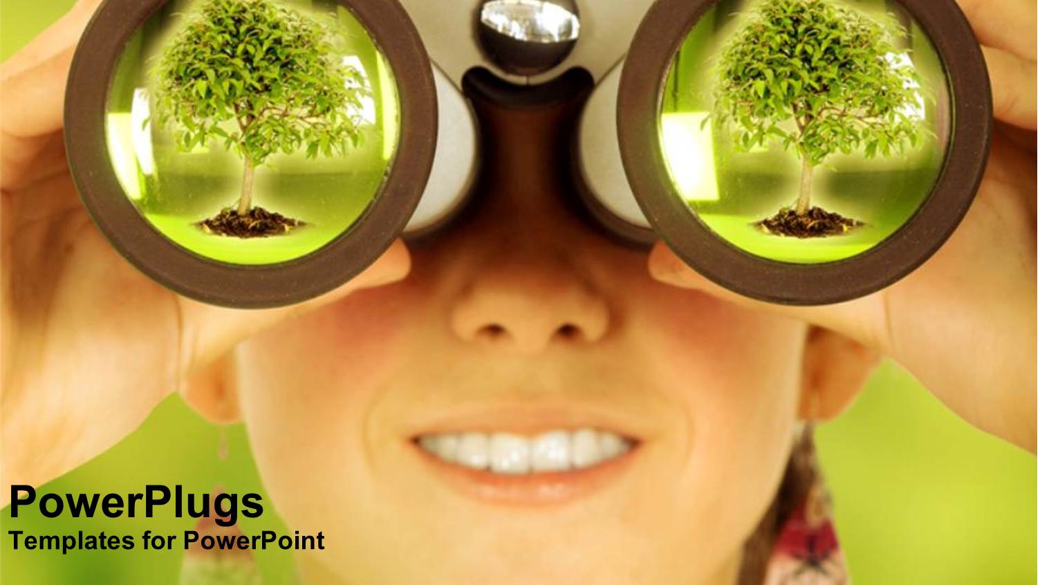 Smiling Woman Holding Binoculars at her Eyes and big Green Tree Reflecting in the Lens