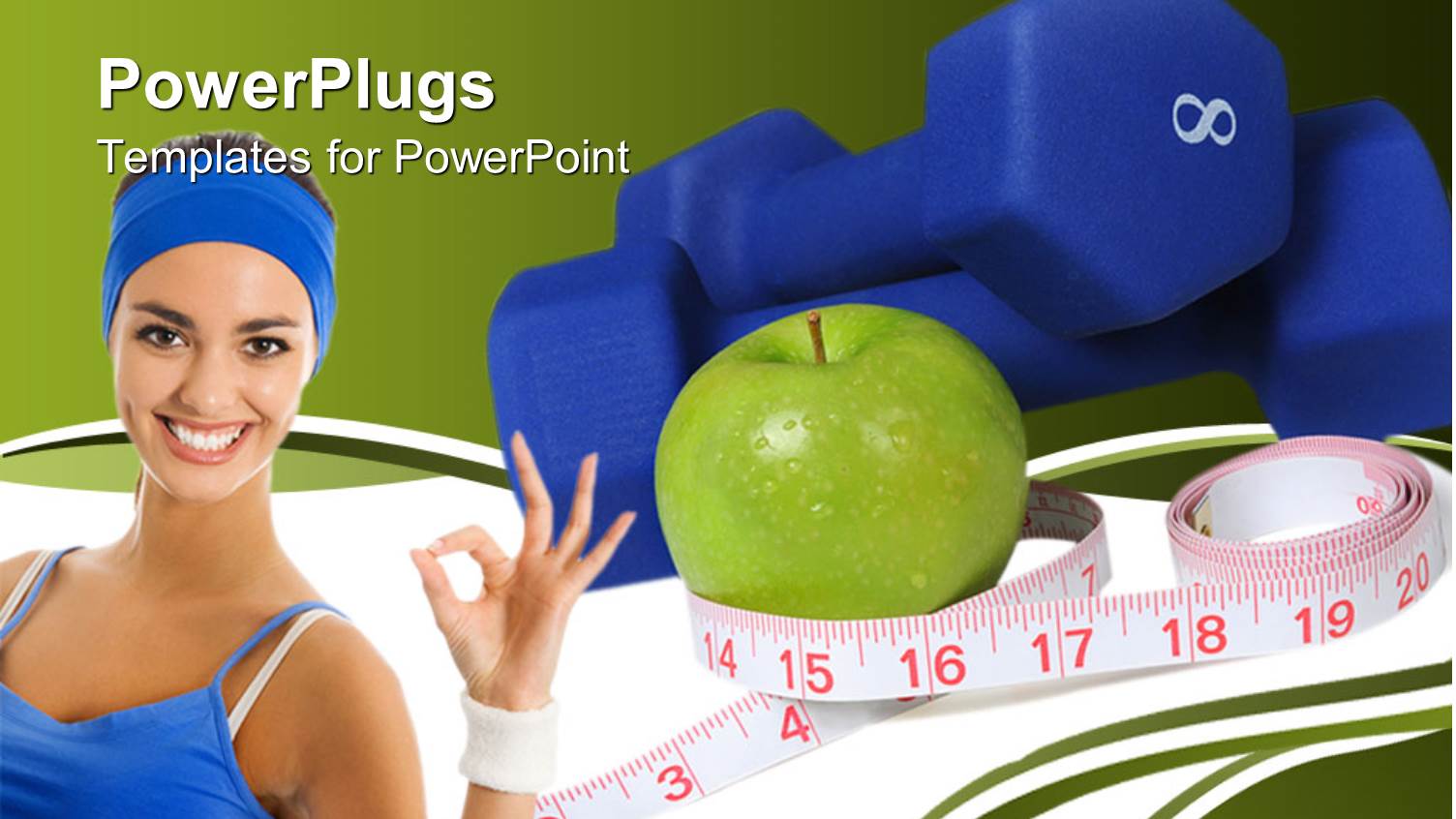 Smiling Woman Next to Blue Dumbbells and Measuring Tape Around Green Apple