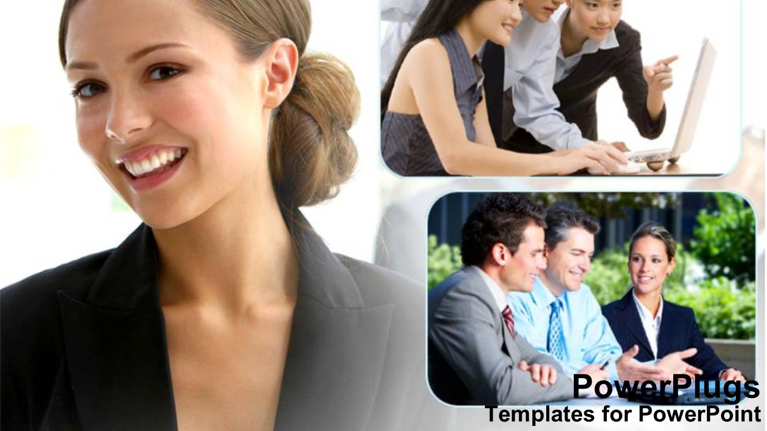 Smiling Woman Next to Depictions of Group Discussions