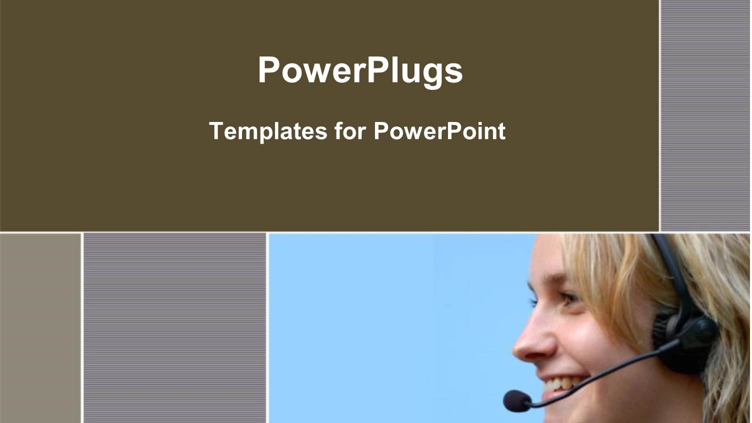 Smiling Woman Wearing Telephone Headset on Blue and Gray Background