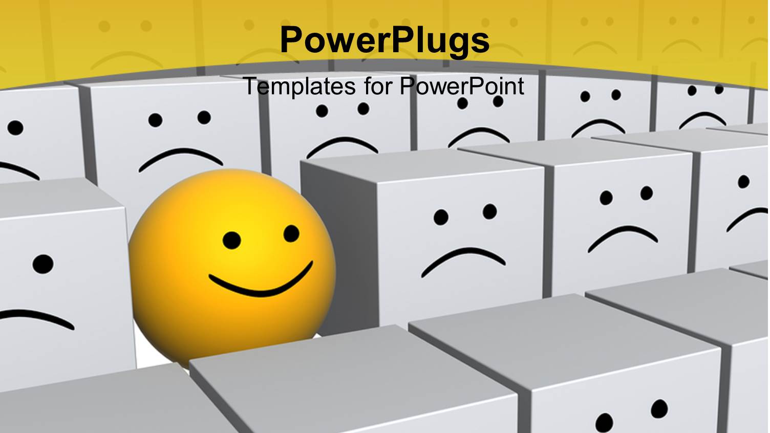 Smiling Yellow Sphere Standing in a Group of Uniform Frowning Gray Boxes