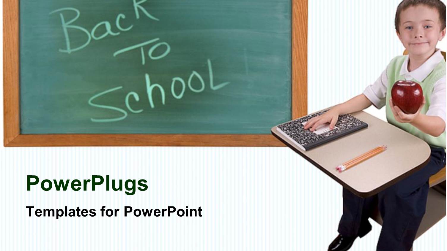 Smiling Young Child Sitting with an Apple and Back to School Text