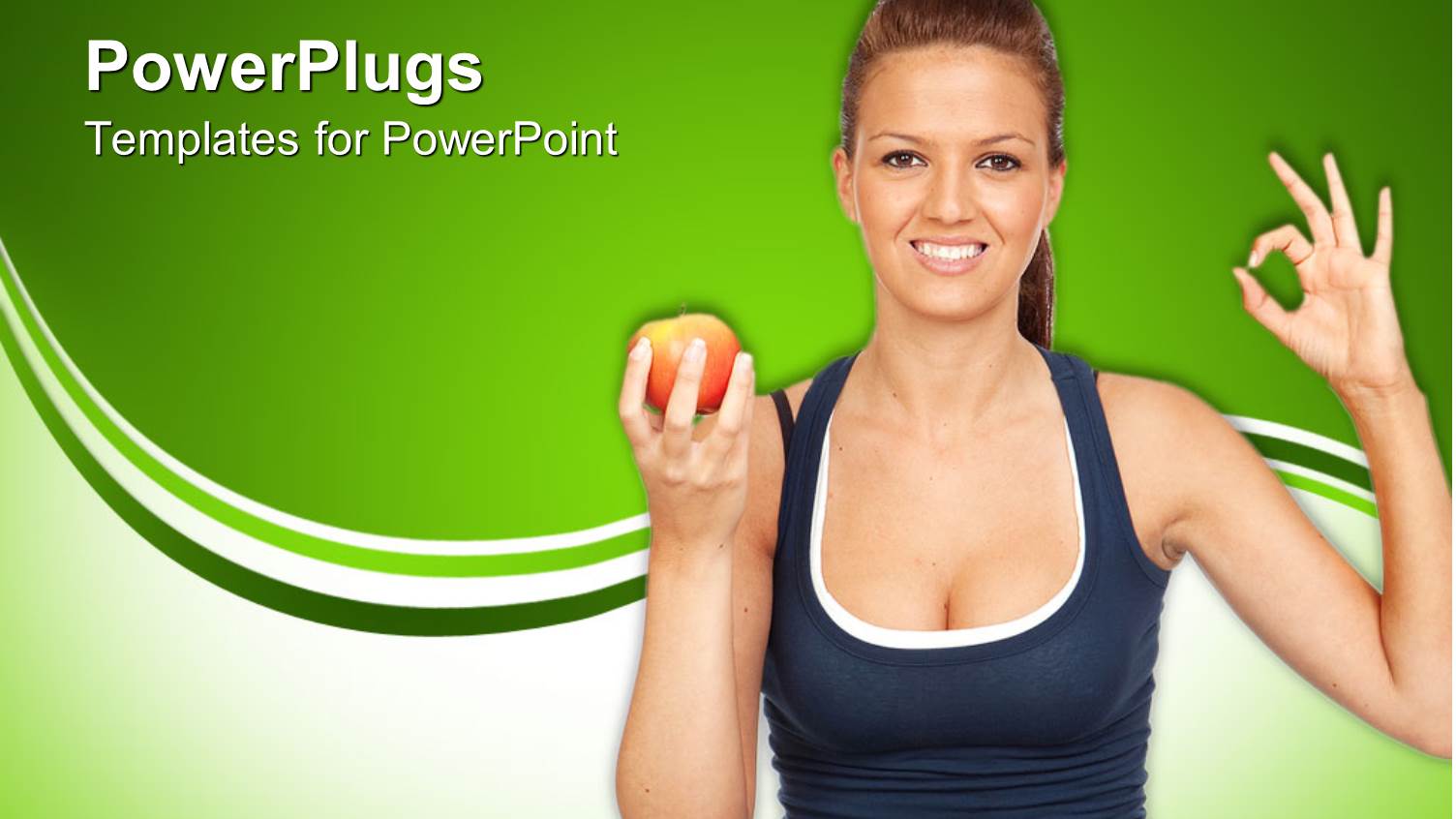 Smiling Young Lady Holds Red Apple in Hand on Green Background