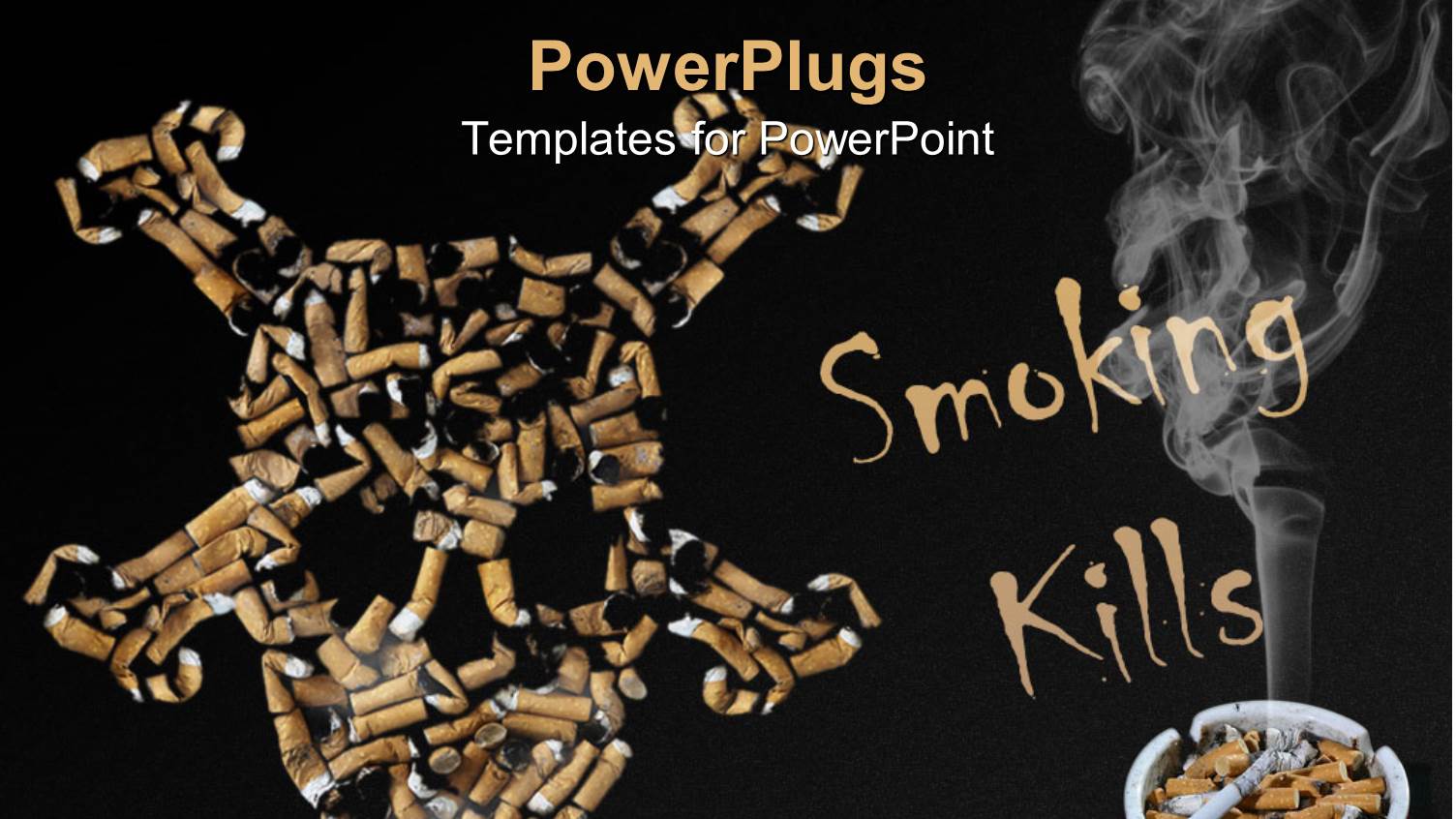 Smoking Kills Skull Made of Cigarettes, Cigarette with Smoke in Ashtray on Black Background