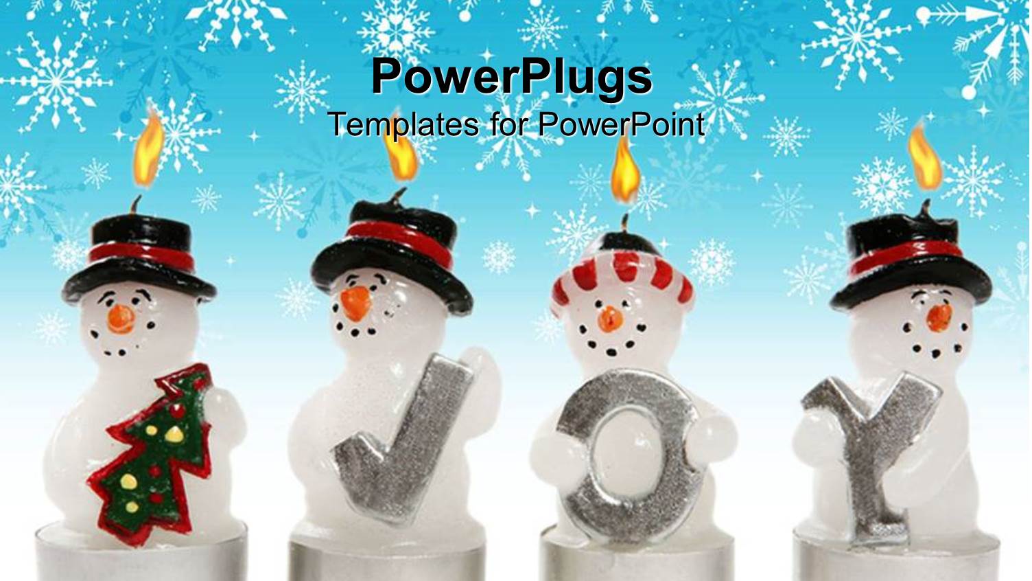 Snowman Candle with Christmas Tree and Three More Snowmen with Letters Spelling Joy