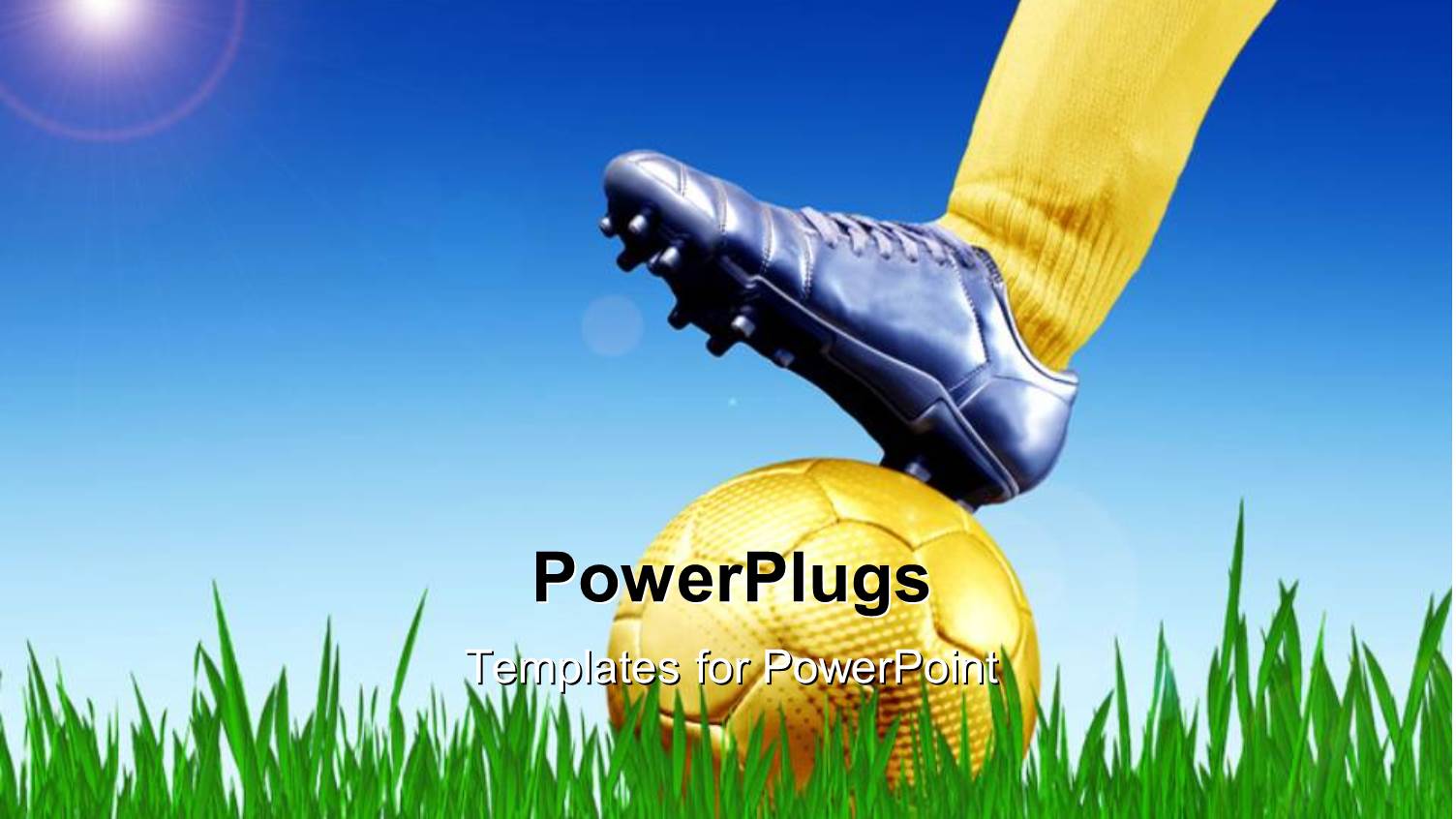 Soccer Player Places Boot on Gold Plated Ball in Soccer Field