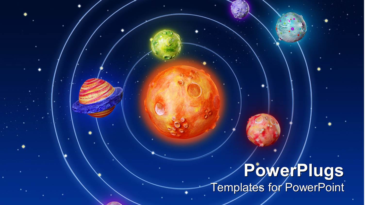 Solar System with Sun in the Center and Six Planets Around it on a Starry Sky Galaxy Background