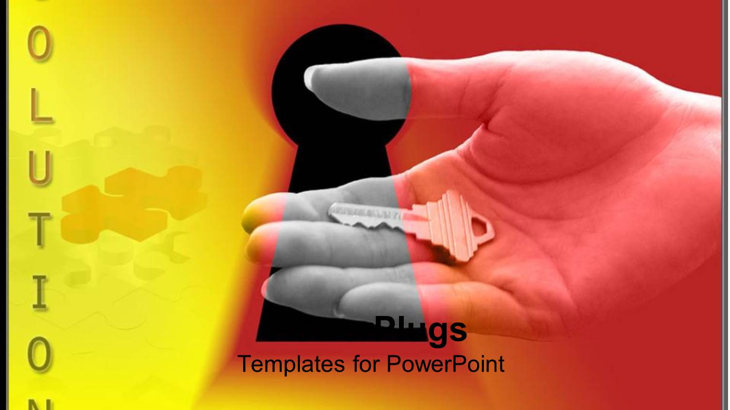 Solution Word and Hand Holding a Key in Front of Keyhole