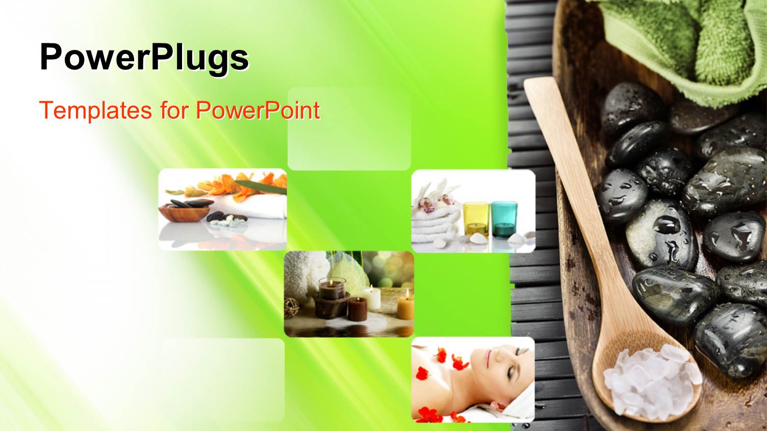 Collage of Spa Collection on Green Background with Spa Stones and Towel