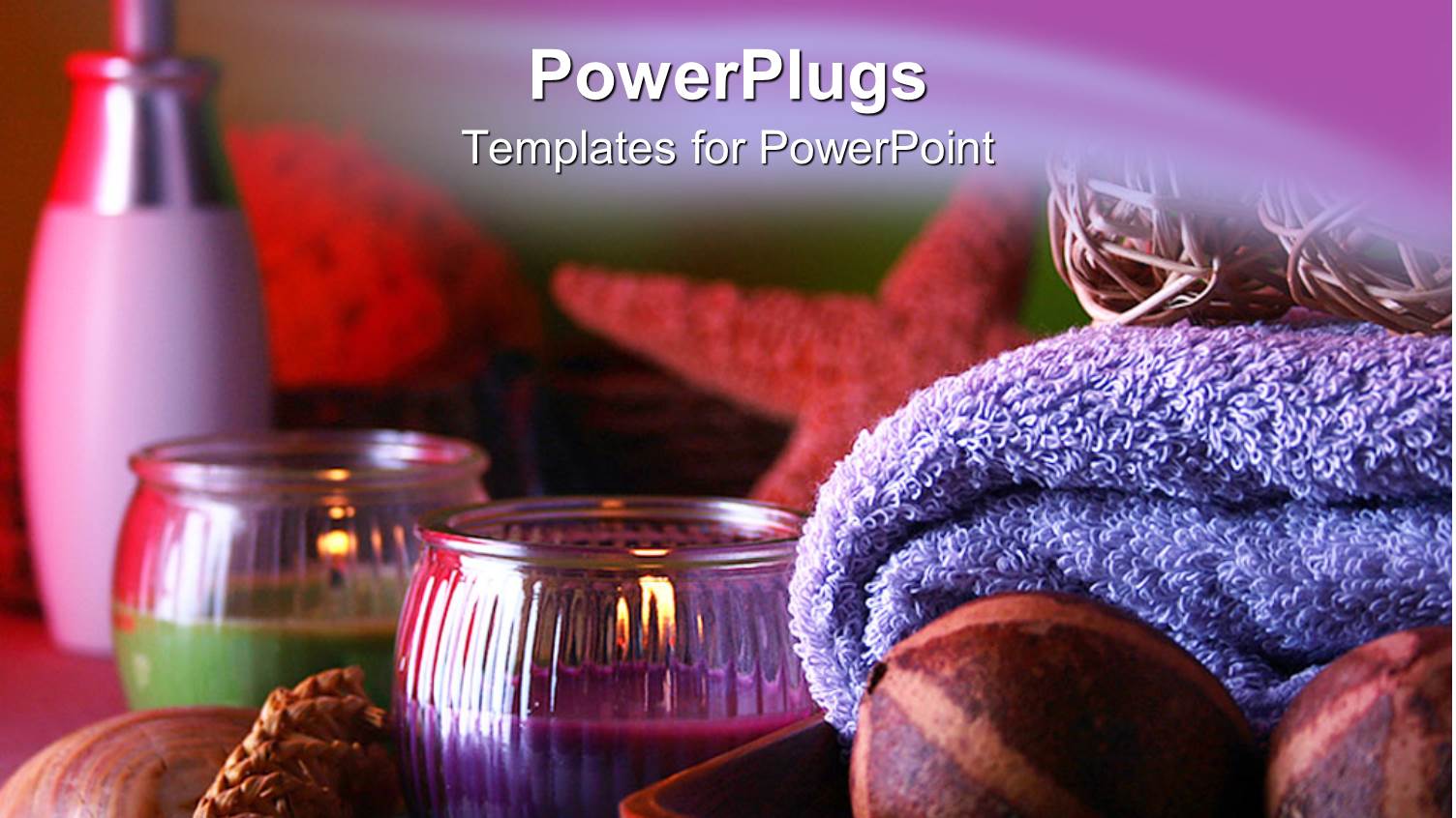 Spa Set with Moisturizer, Lit Votive Candles, Seashells, Starfish, and Lavendar Towel