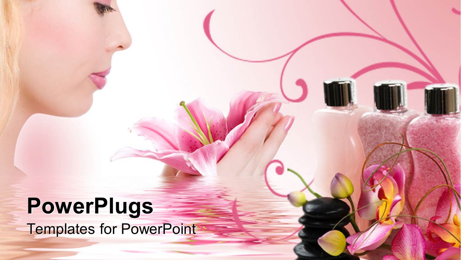 Spa Stones, Pink Lotion Tubes and Woman Holding Beauty Flower