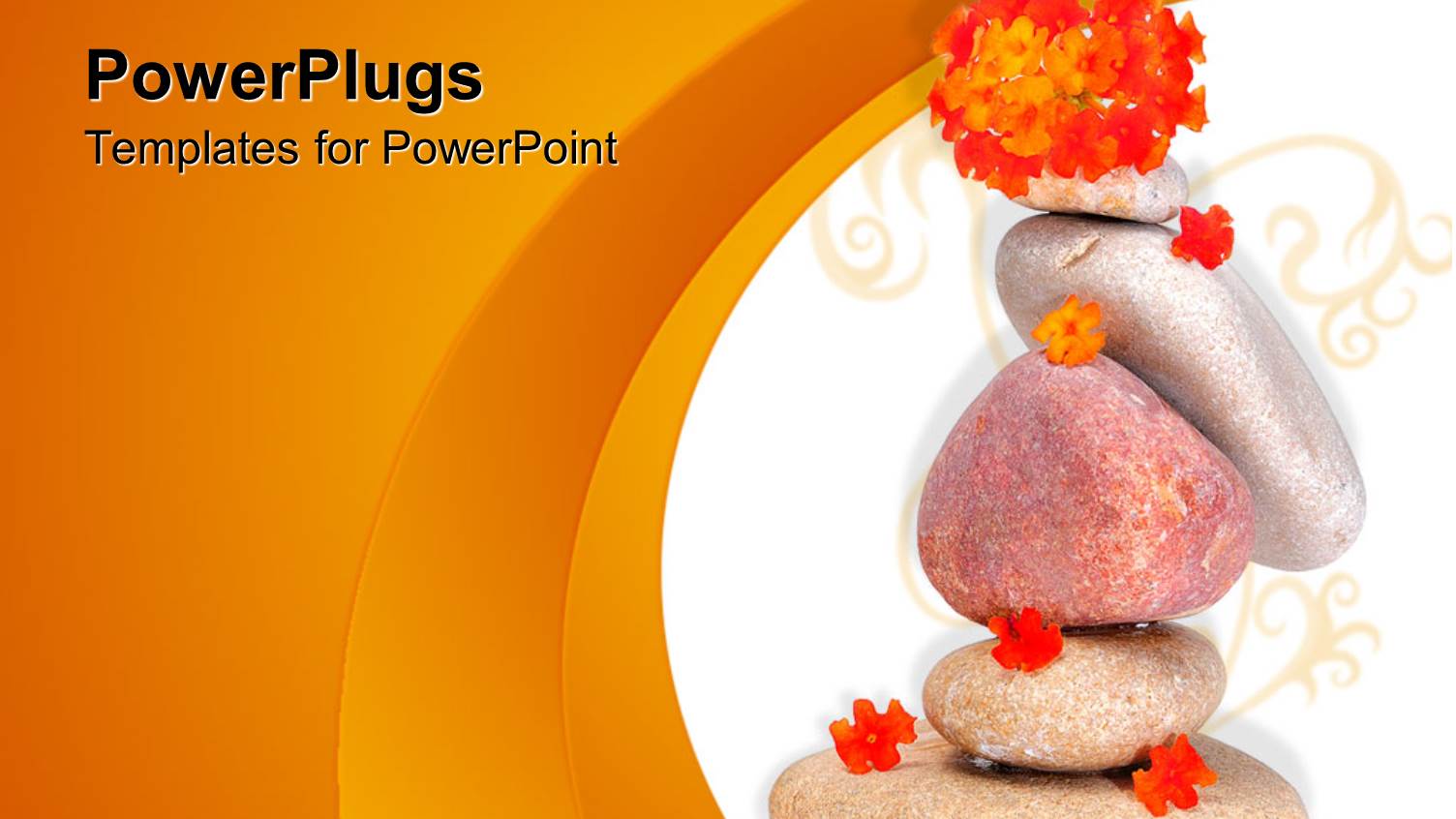 Spa Theme with Various Zen Stones and little Orange Flowers on White and Orange Background