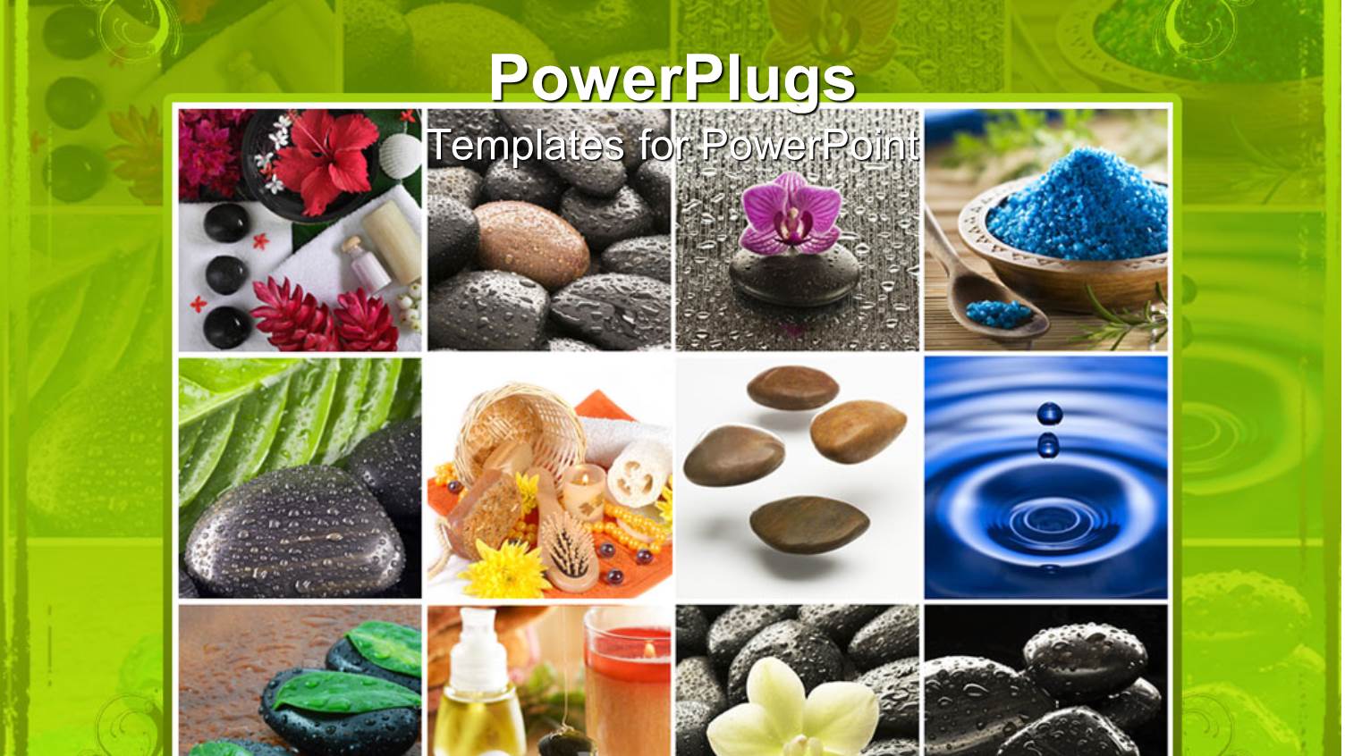 Spa Zen Natural Collage with Stones, Flowers, Water, Candles, Bottles, Green Border
