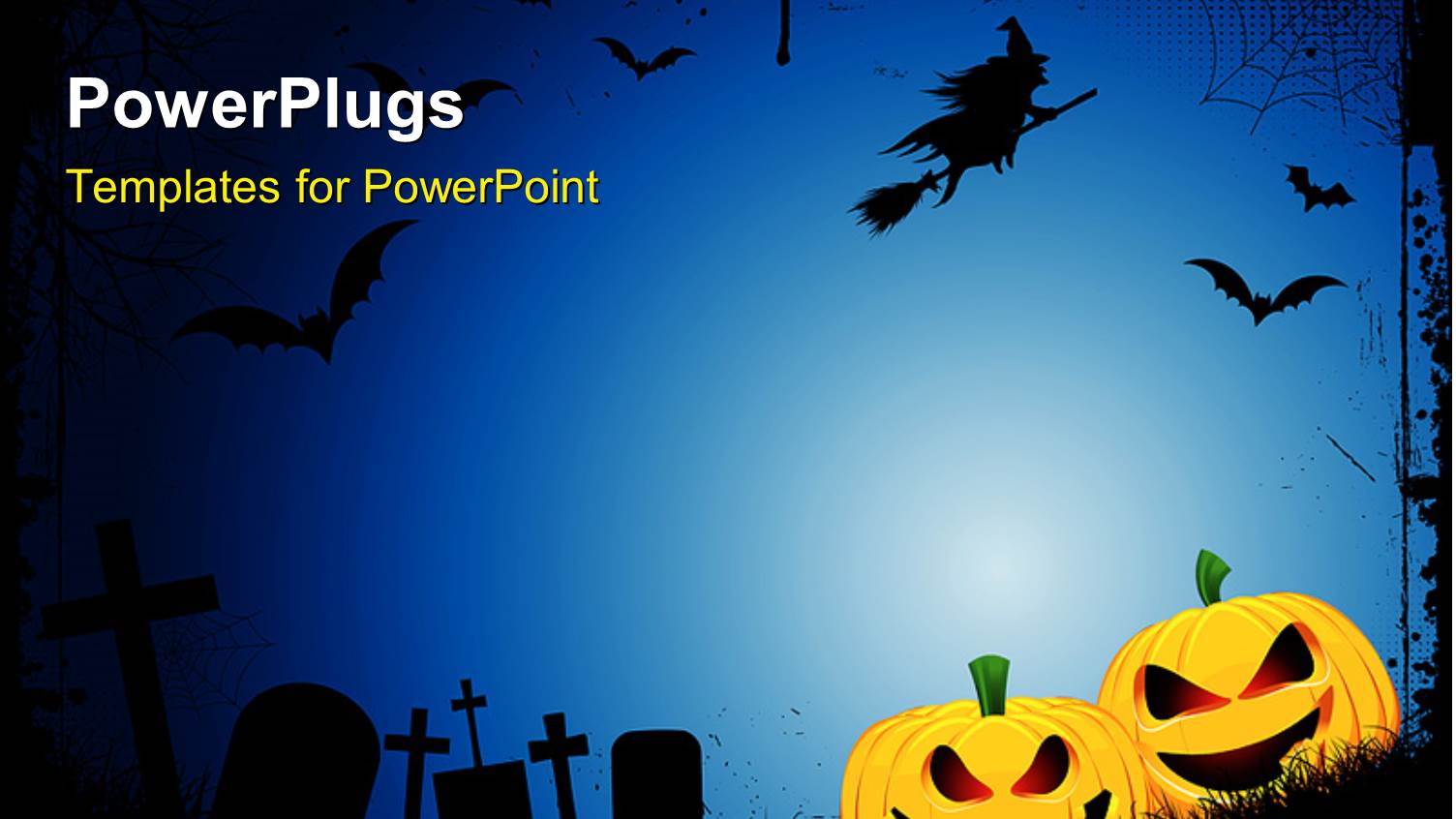 Spooky Halloween Background with Spooky Jack O Lanterns in a Graveyard with a Witch Flying on a Broom