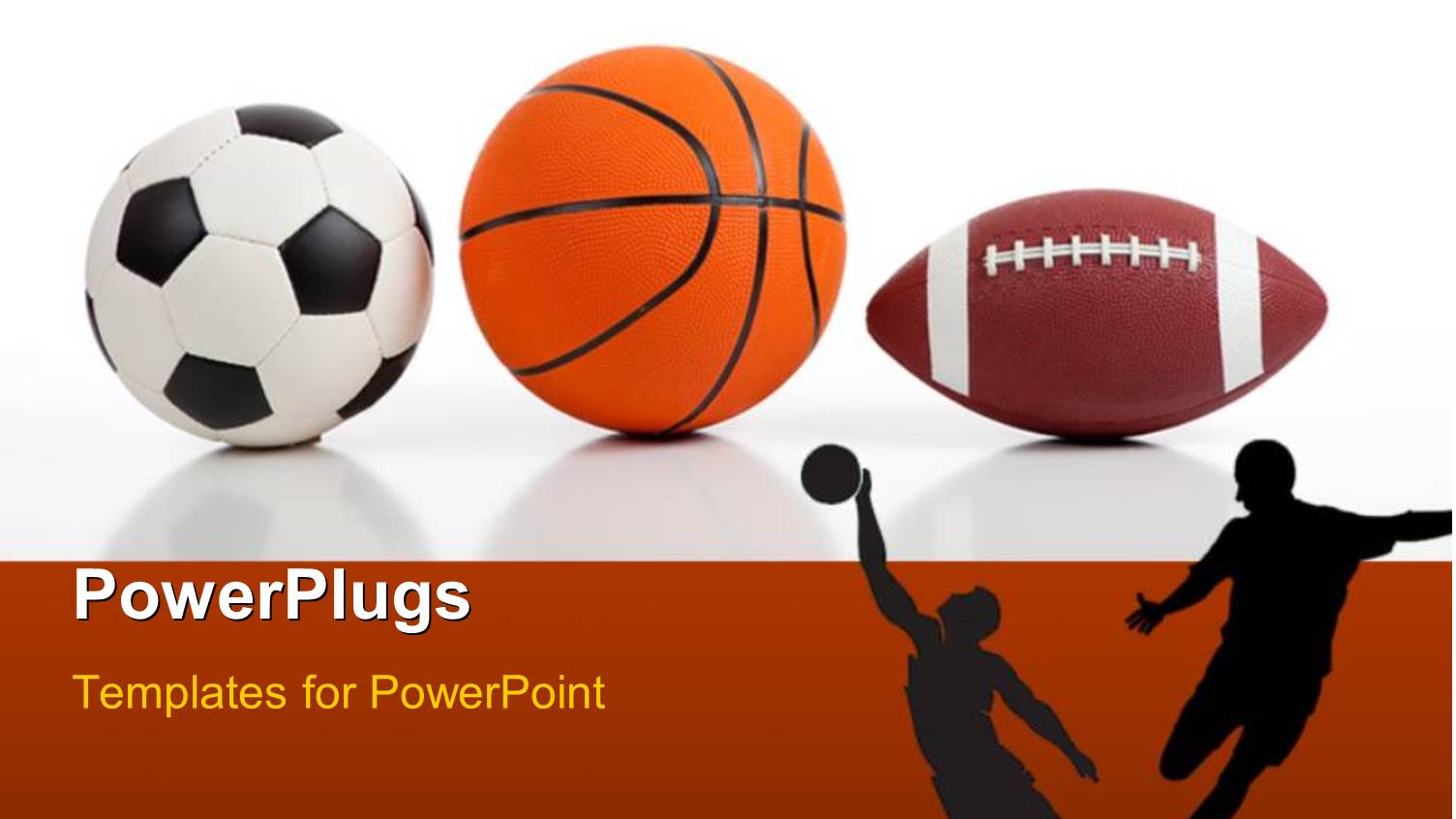 Sports Equipment on White Including a Basketball a Soccer Ball and an American Football and Players as Silhouettes