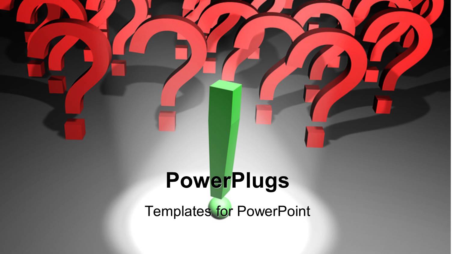 Spotlight on Green Exclamation Mark with Question Mark Symbols in Background