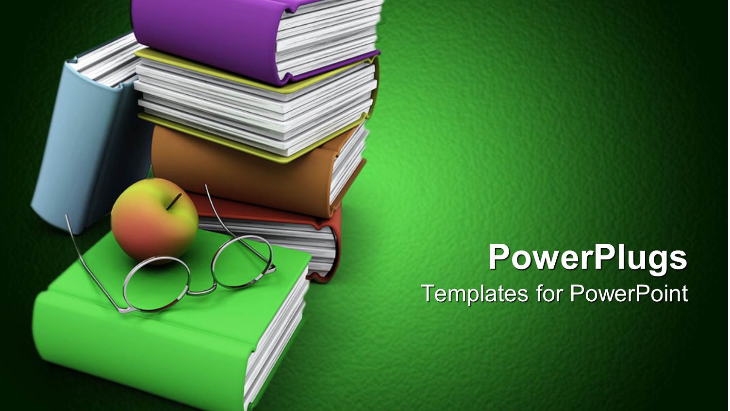 Stack of Colorful Books with an Apple and a Pair of Eye Glasses on Top