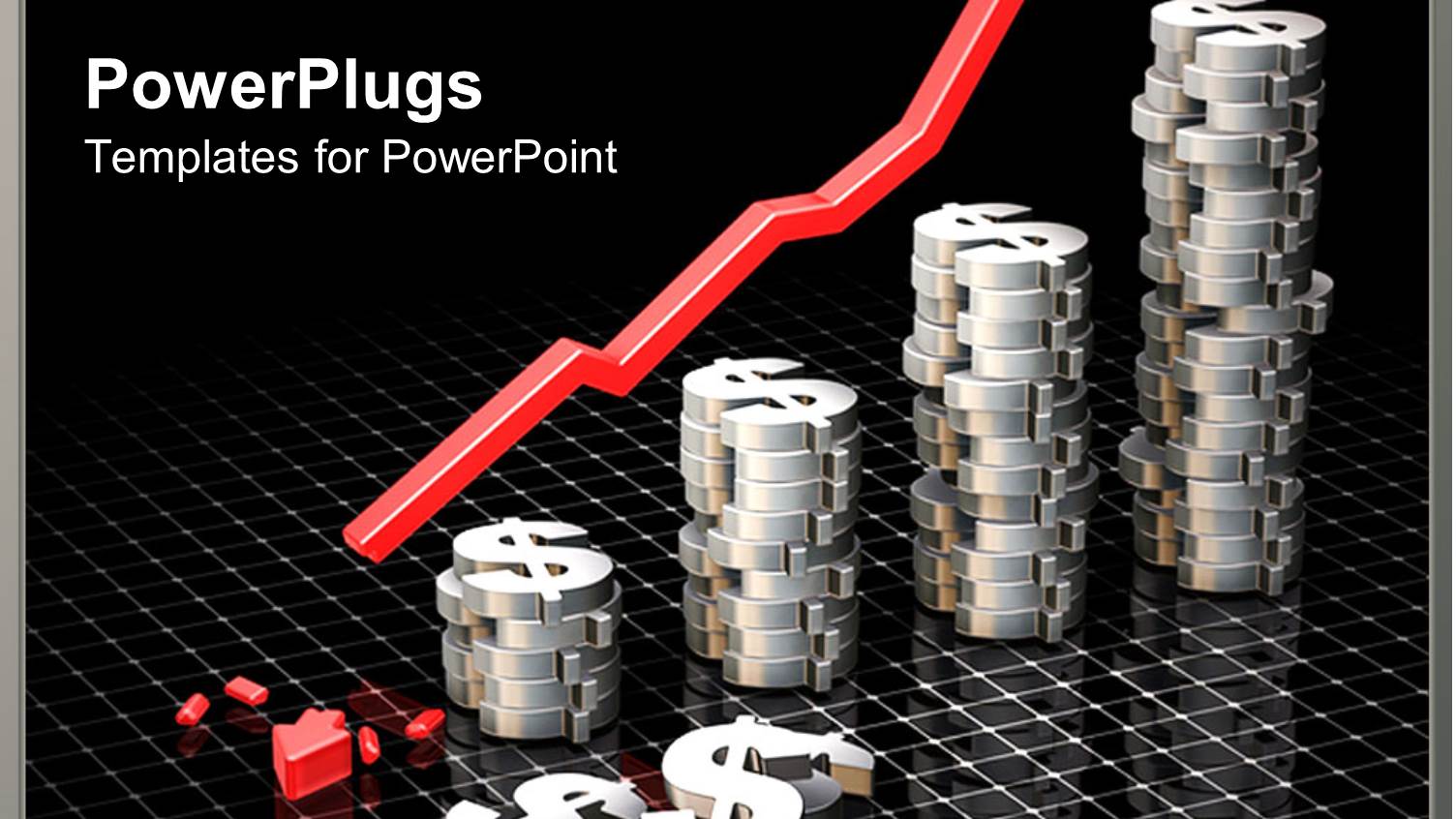 Stack of Dollar Signs with Broken Red Arrow O Reflective Checkered Surface