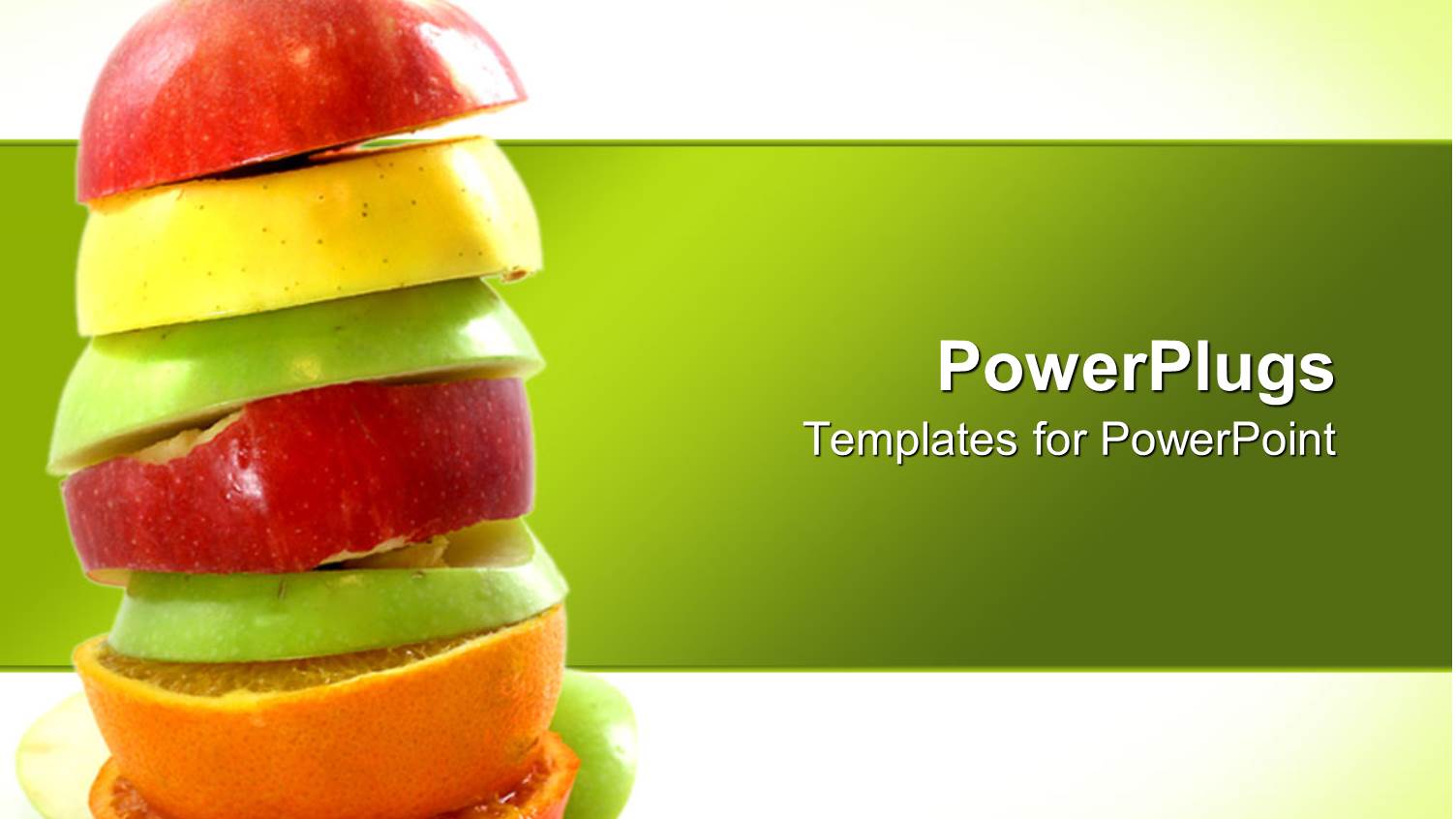 Stack of Freshly Cut Red, Yellow and Green Apples and Oranges on Green Background