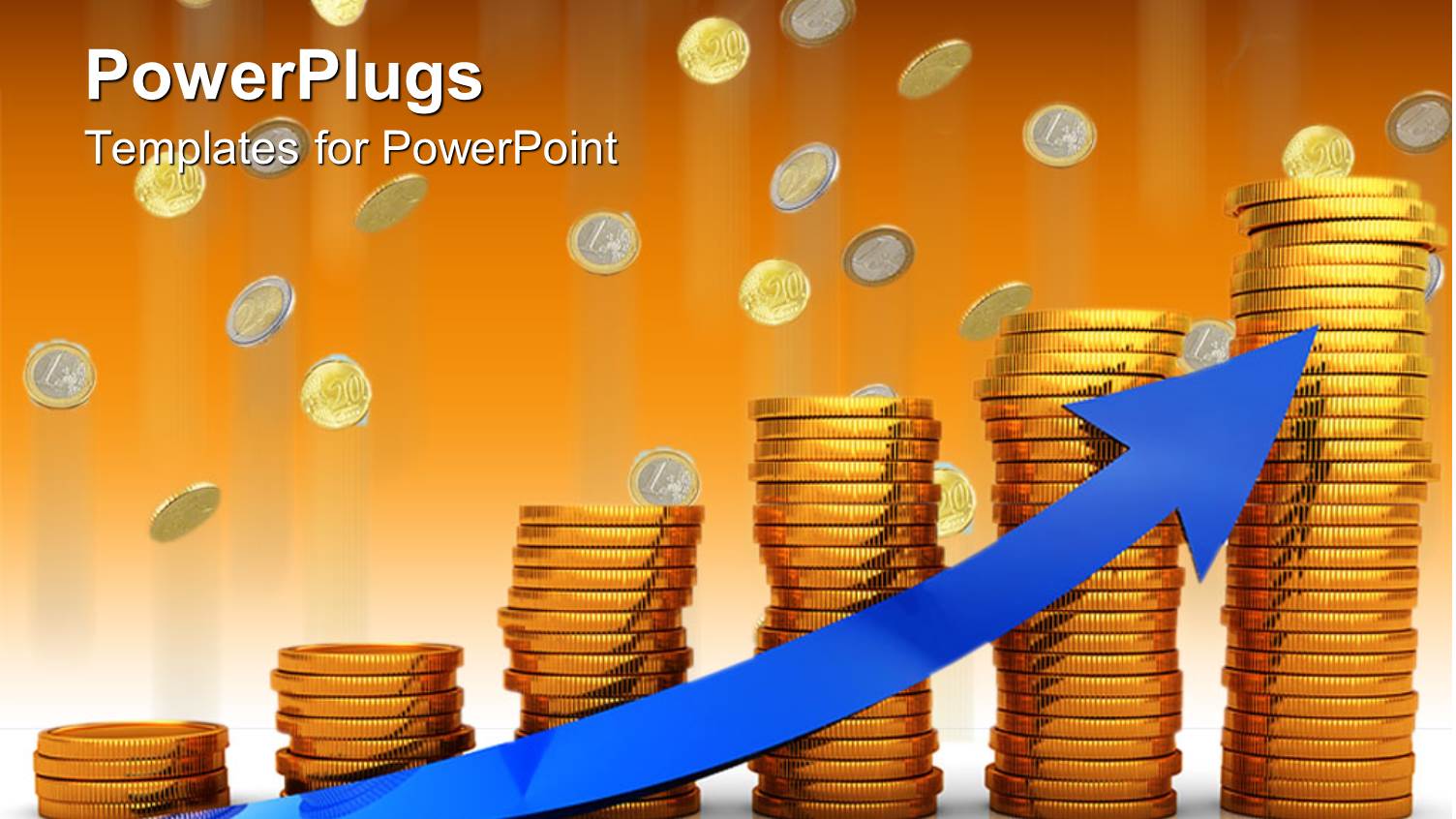 Stack of Gold Colored Coins with a Blue Arrow