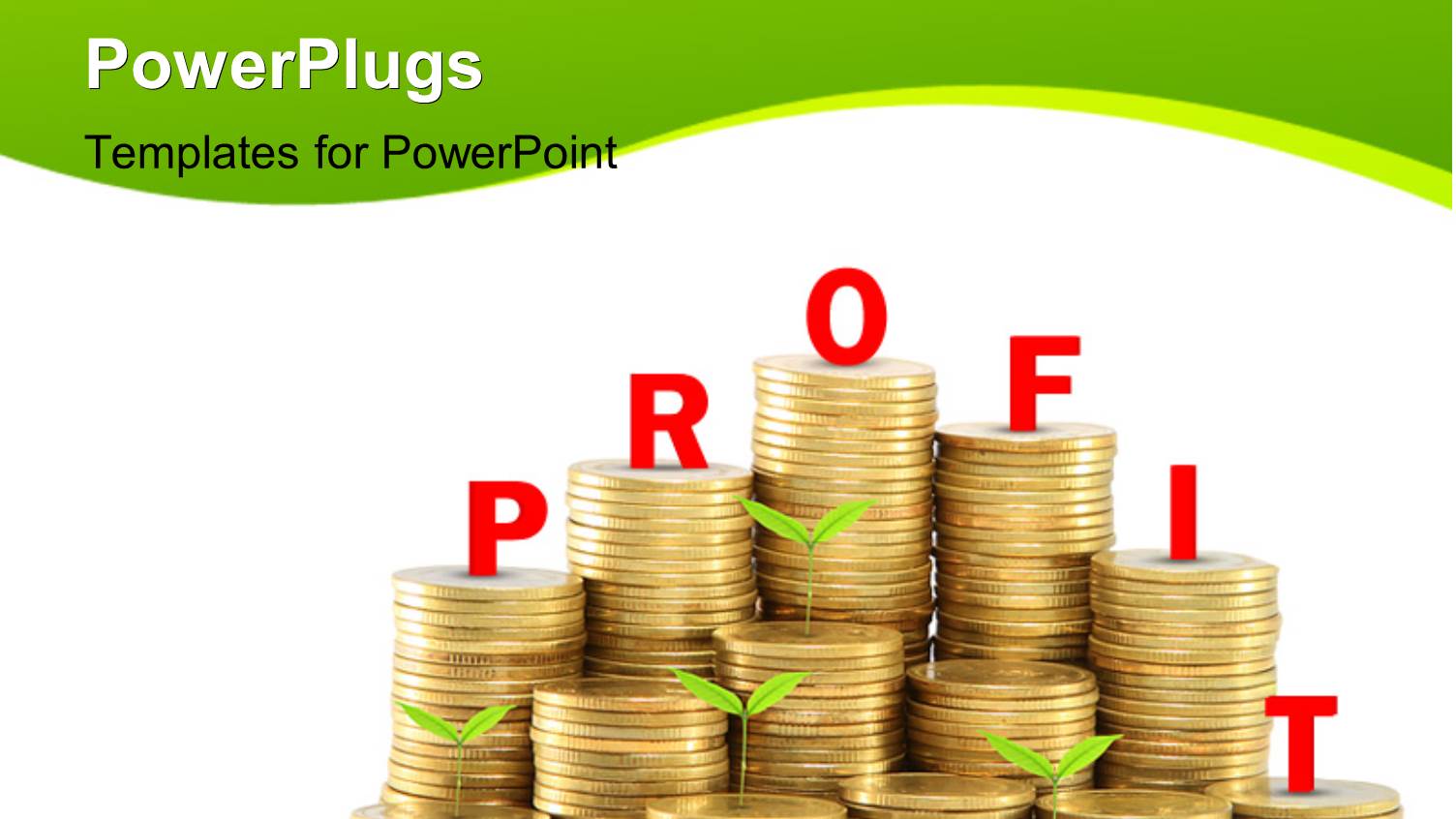 Stack of Golden Colored Coins with Plants Depicting Growth and Profit, Green Colored Curves