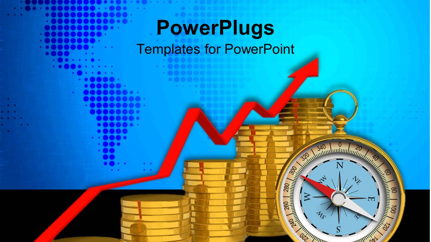 Stacks of Gold Coins and a Compass on a Blue Map Background