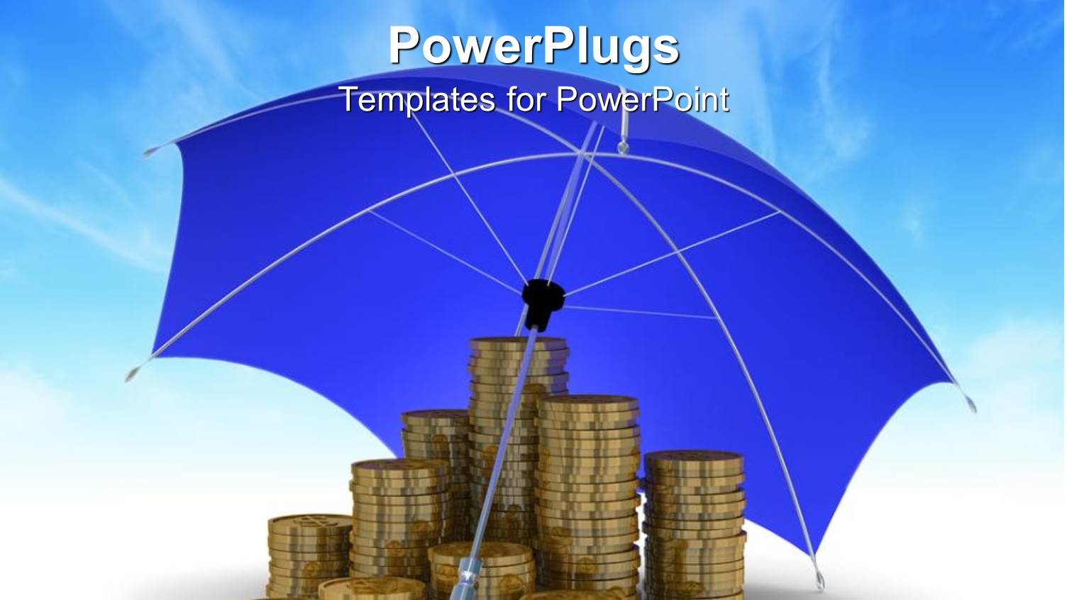 Stacks of Golden Coins Under a Blue Opened Umbrella