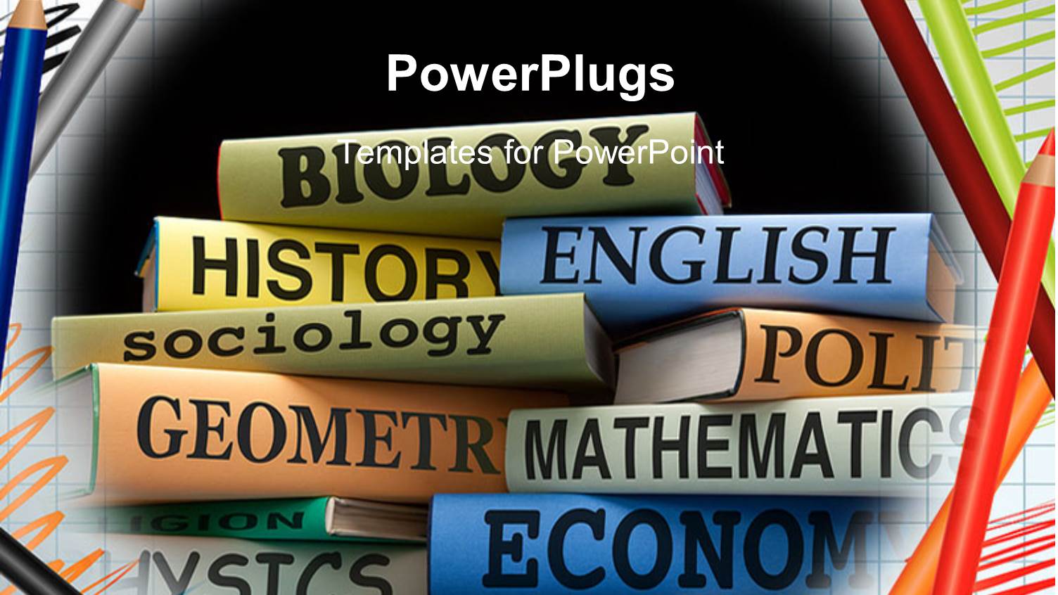 Stacks of School Text Books for Various Subjects Framed by Colored Pencils