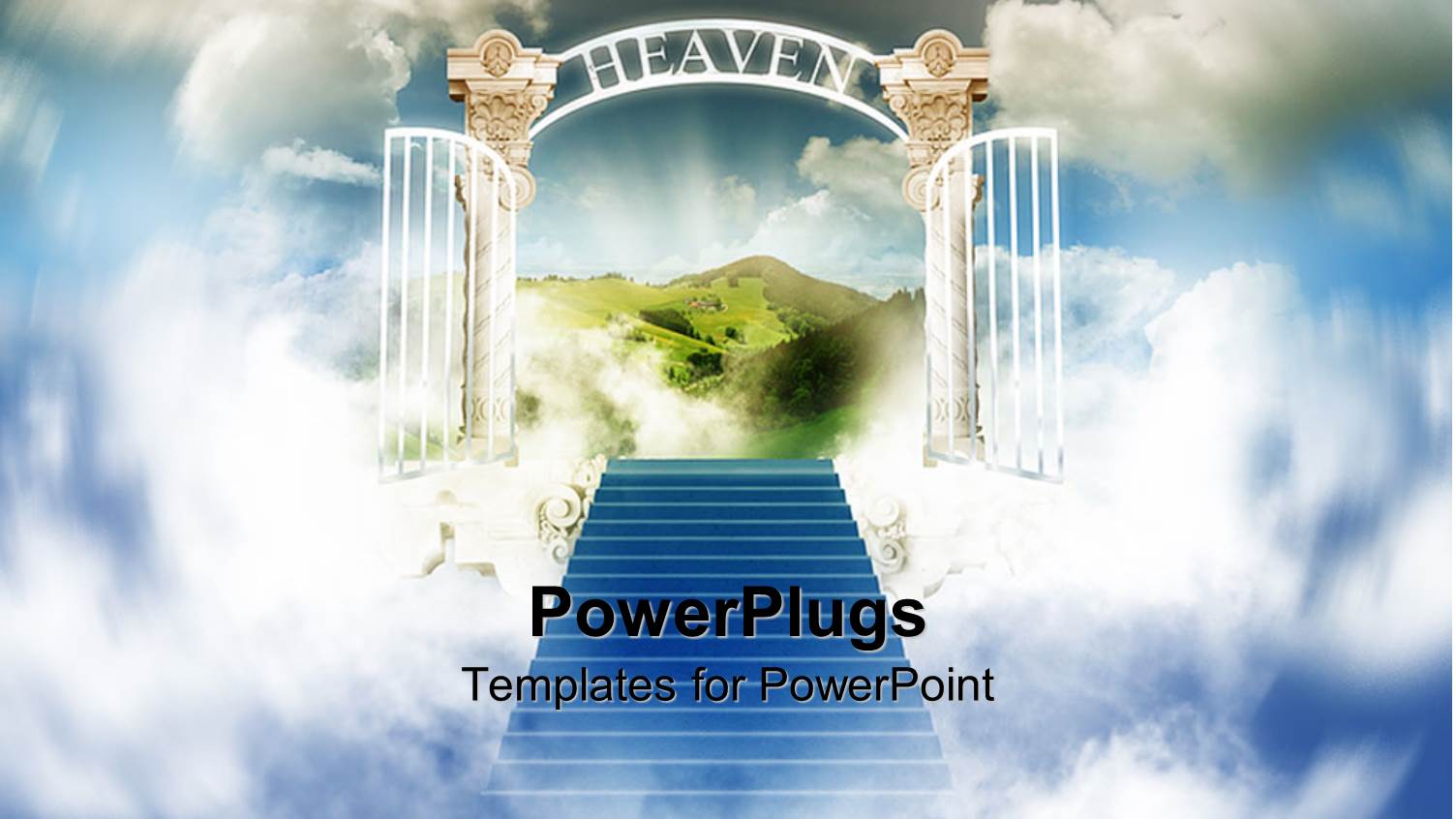 Stairway to Heaven with White Shining Open Gates and Beautiful Green Scenery in the Background Surrounded by Bright Sky