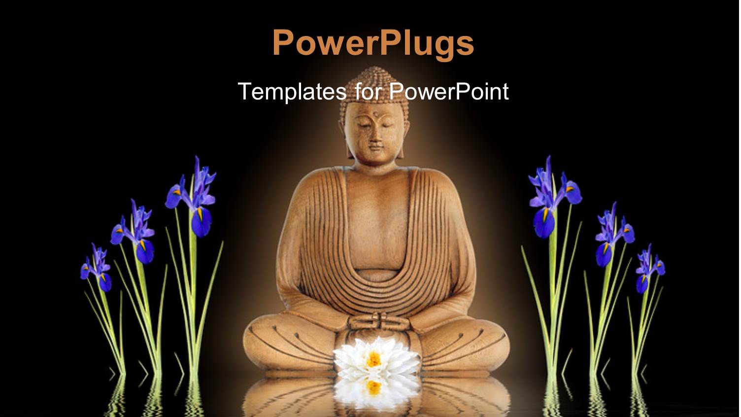 Statue of Buddha in Meditation with Blue Iris Flowers on either Side 