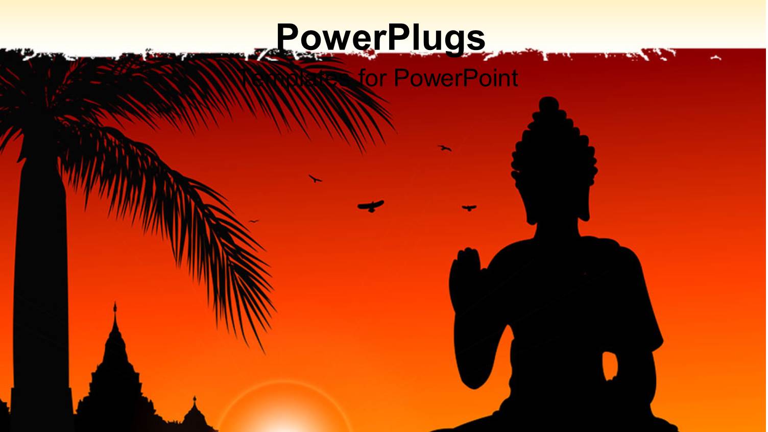 Statue of Buddha with Sun Set, Birds Flying,Palm Tree and Temple in the Background