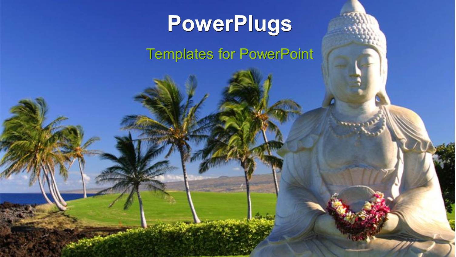 a Statue of Budha with a Number of Palm Trees in the Background