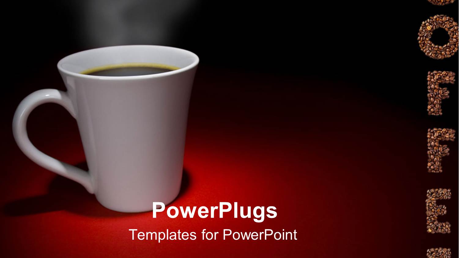 Steaming Hot Cup of Coffee on Red and Black Background with Word Coffee Spelled Out in Beans