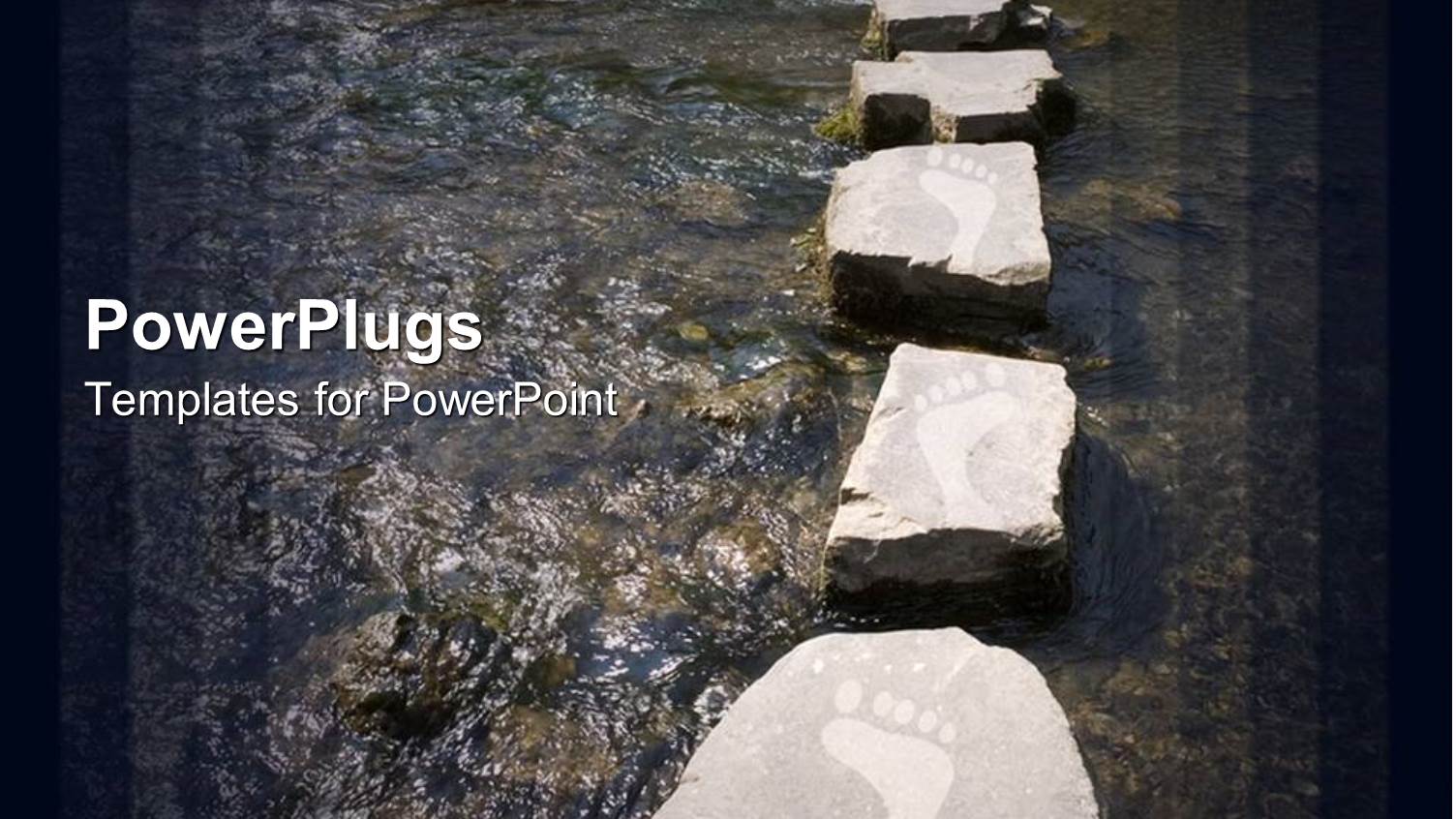 Stepping Stones with Footprints Over River Background Framed with Gradient Dark Panels
