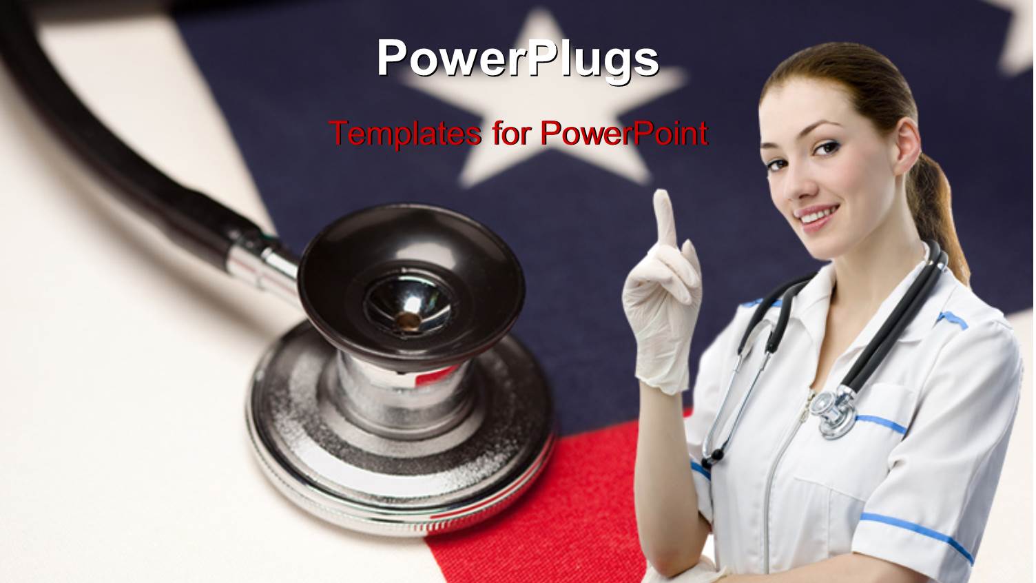 Stethoscope on American Flag with Beautiful Nurse in Surgical Gloves