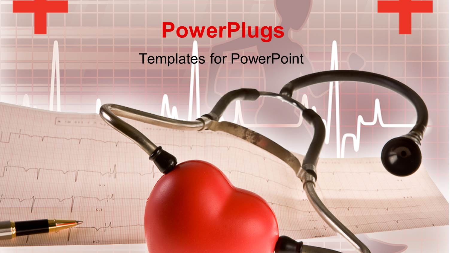Stethoscope Around a Red Heart and Pen Lying on a Cardiogram with Heart Beating Line in the Background