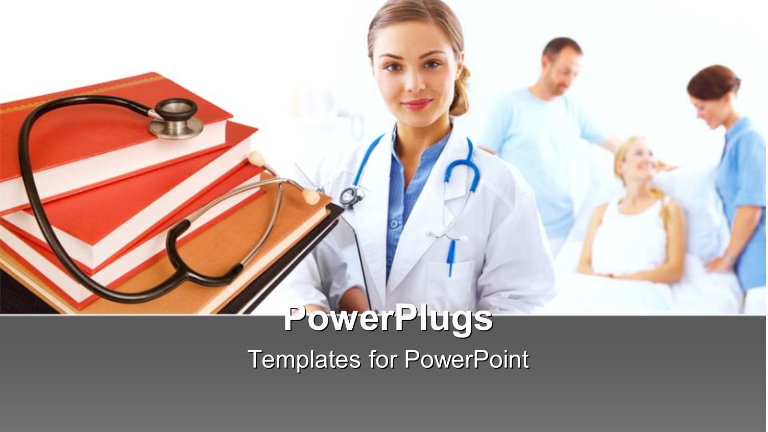 Stethoscope on Book Pile with Nurse and Patient on Sick Bed