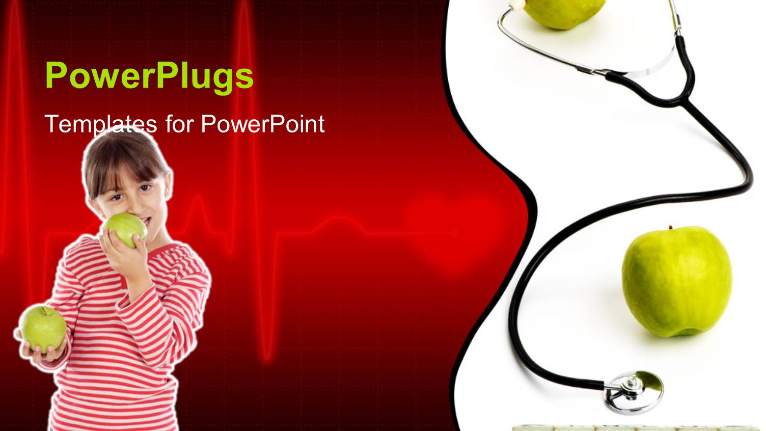 Stethoscope Testing Apple Heartbeat with Boy Eating Green Apples on Red Background