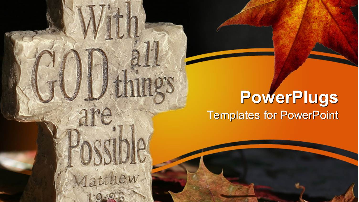 Stone Cut Cross with Biblical Word and Dried Leaves Around