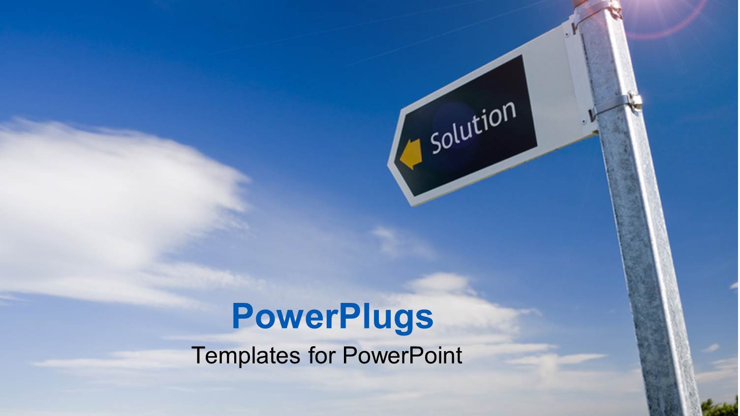 Street Sign with Word Solution Pointing across Green Field Under Blue Sky,  Problem Solving, Business