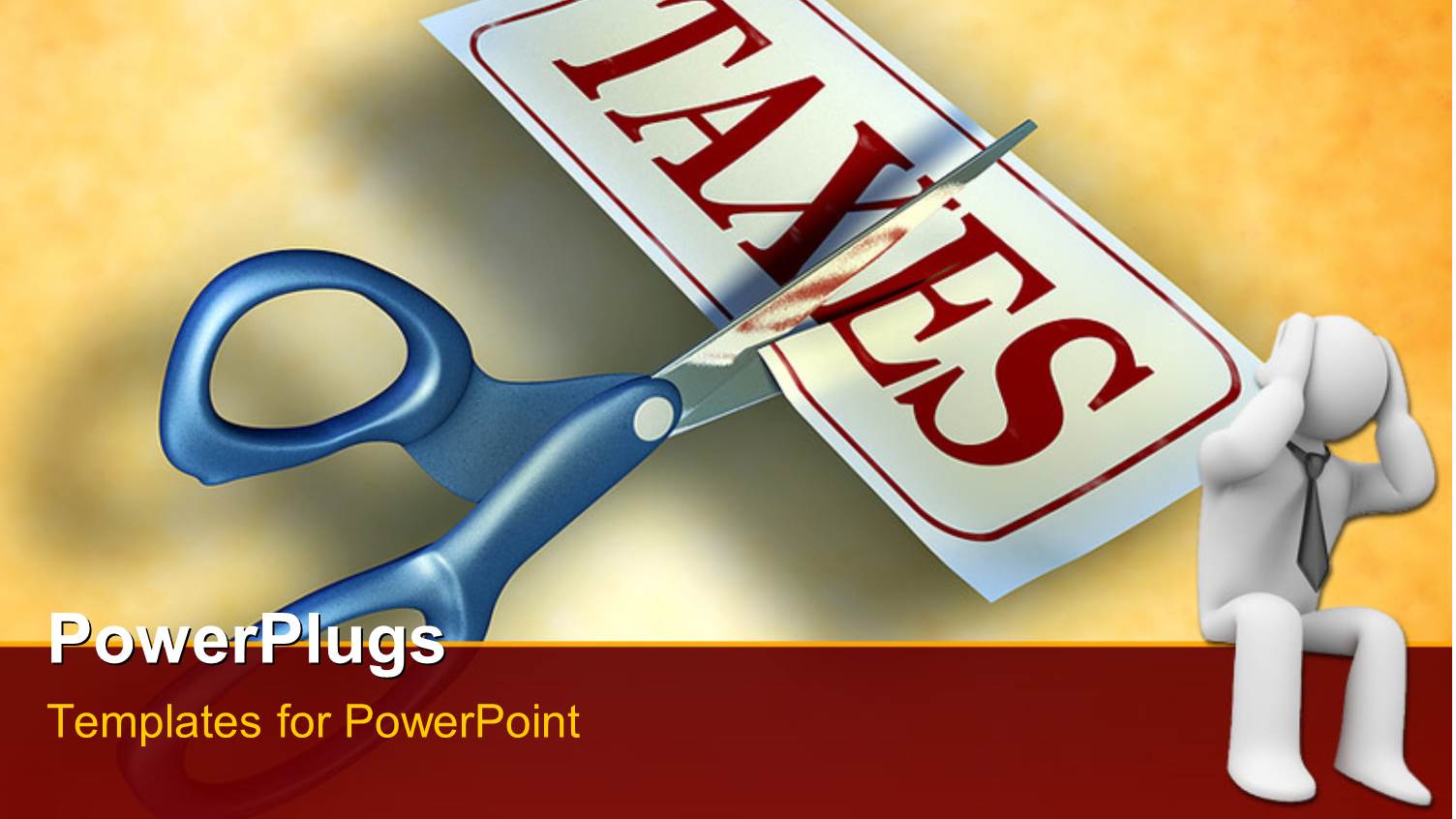 Stressful Man with Scissors Cutting a Piece of Paper with the Word Taxes in Background