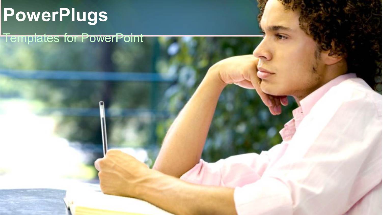 Student with Hand on Chin Jotting with Pen on Notepad