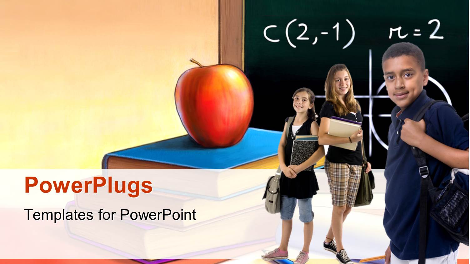Students in Classroom with Red Apple on Book and Formula on Chalkboard