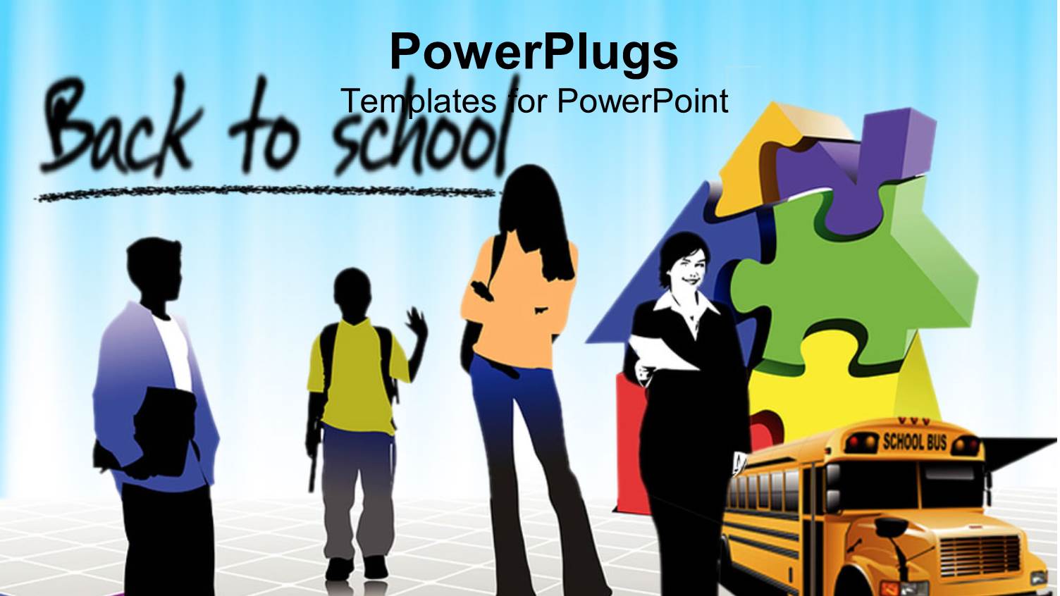 Students and a Yellow School Bus on a Colorful Background with a Text that Spells Out 