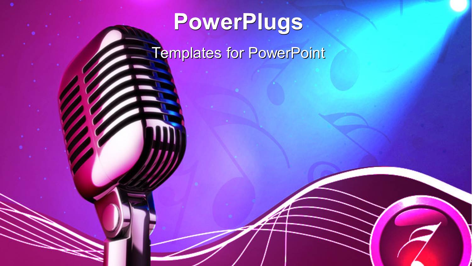 Studio Microphone on Stage with Purple and Blue Lighting and Music Symbols 