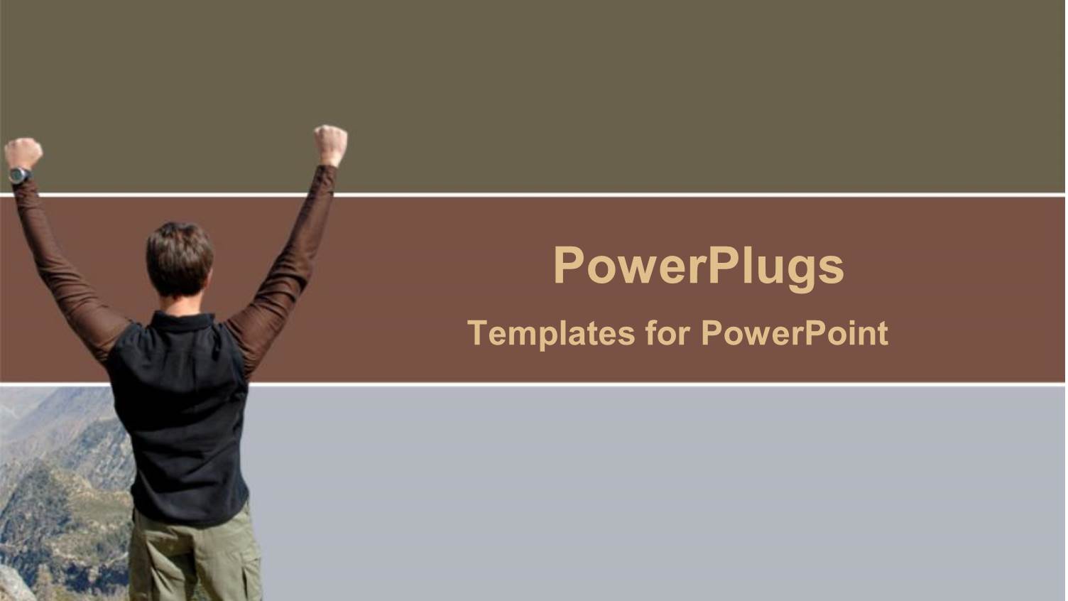 Success, Accomplishment Metaphor with Man with Arms Raised in Victory on Mountain Top