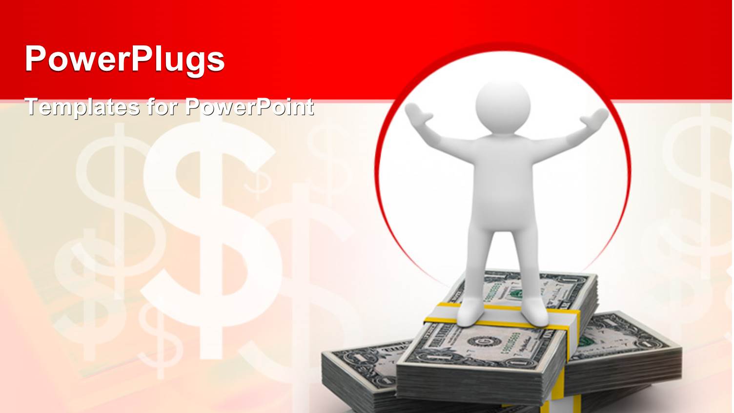 Success Depiction with 3D Man Standing on Stacks of Dollar Bills